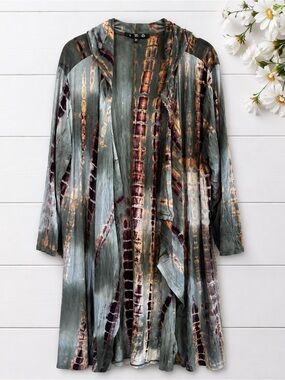 Womens 2X Duster Teal tie dye open front coin 1804
